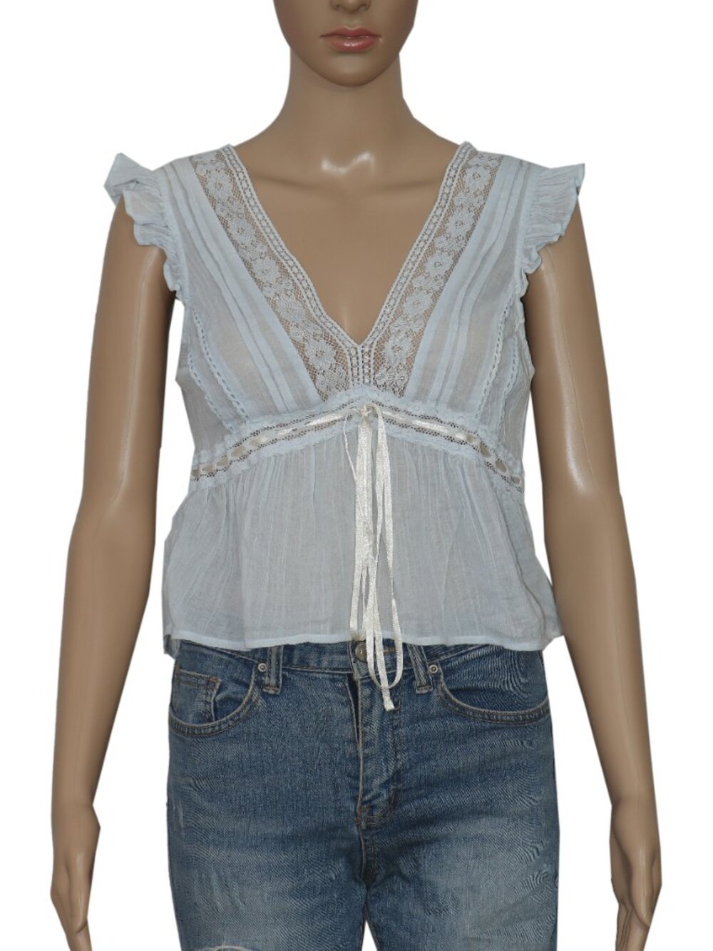 Kimchi Blue Ava Flutter Sleeve Tie-Front Babydoll Top V Neck Lace S - Picture 4 of 7
